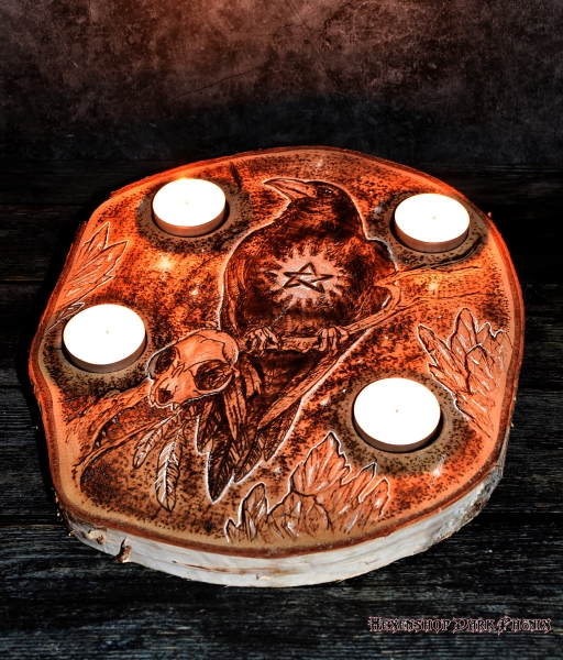 Hexenshop Dark Phönix Raben Pentagramm Teelichthalter Birkenholz